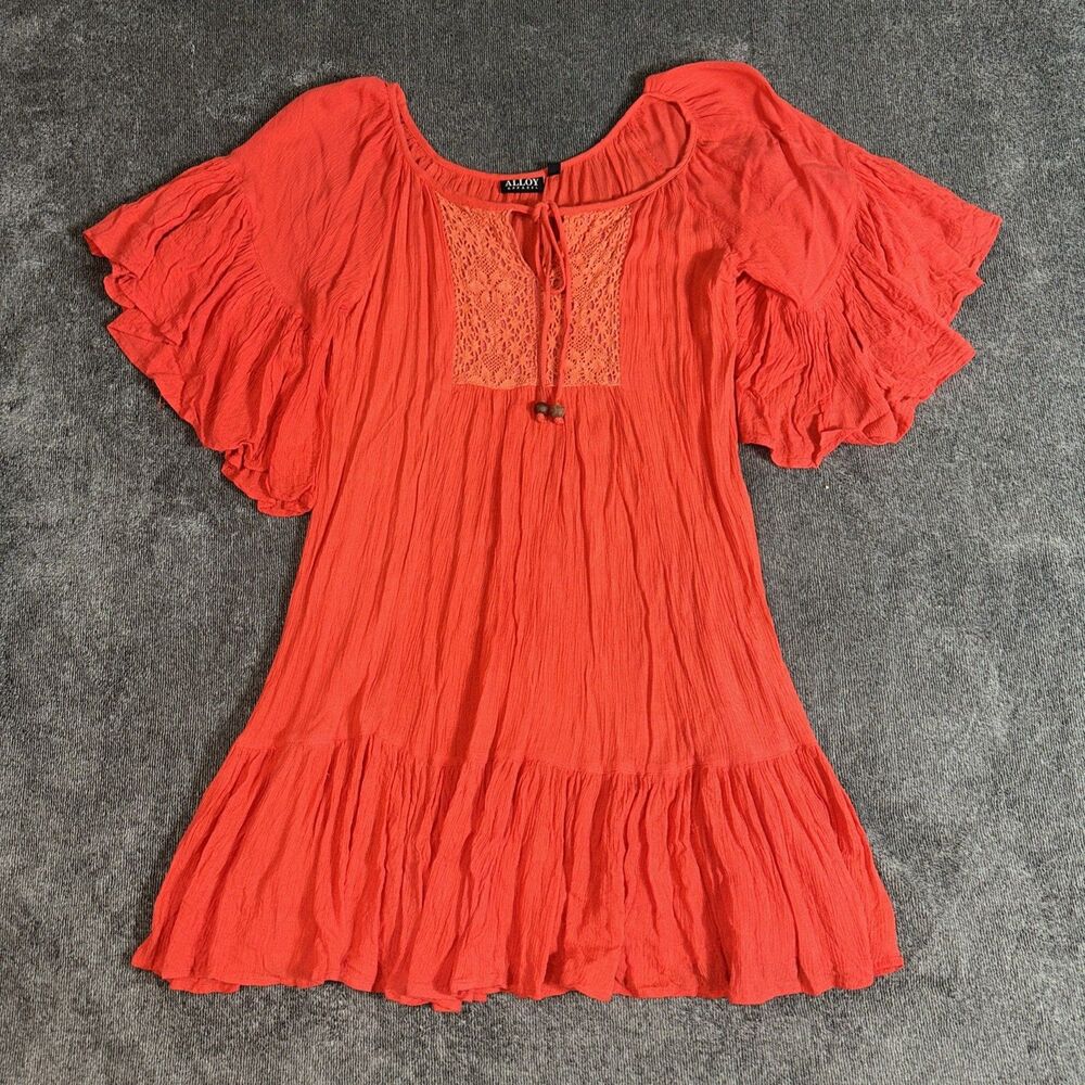 ALLOY APPAREL Shirt Dress Lace Short Sleeves Smocked Womens Size M Cream Boho